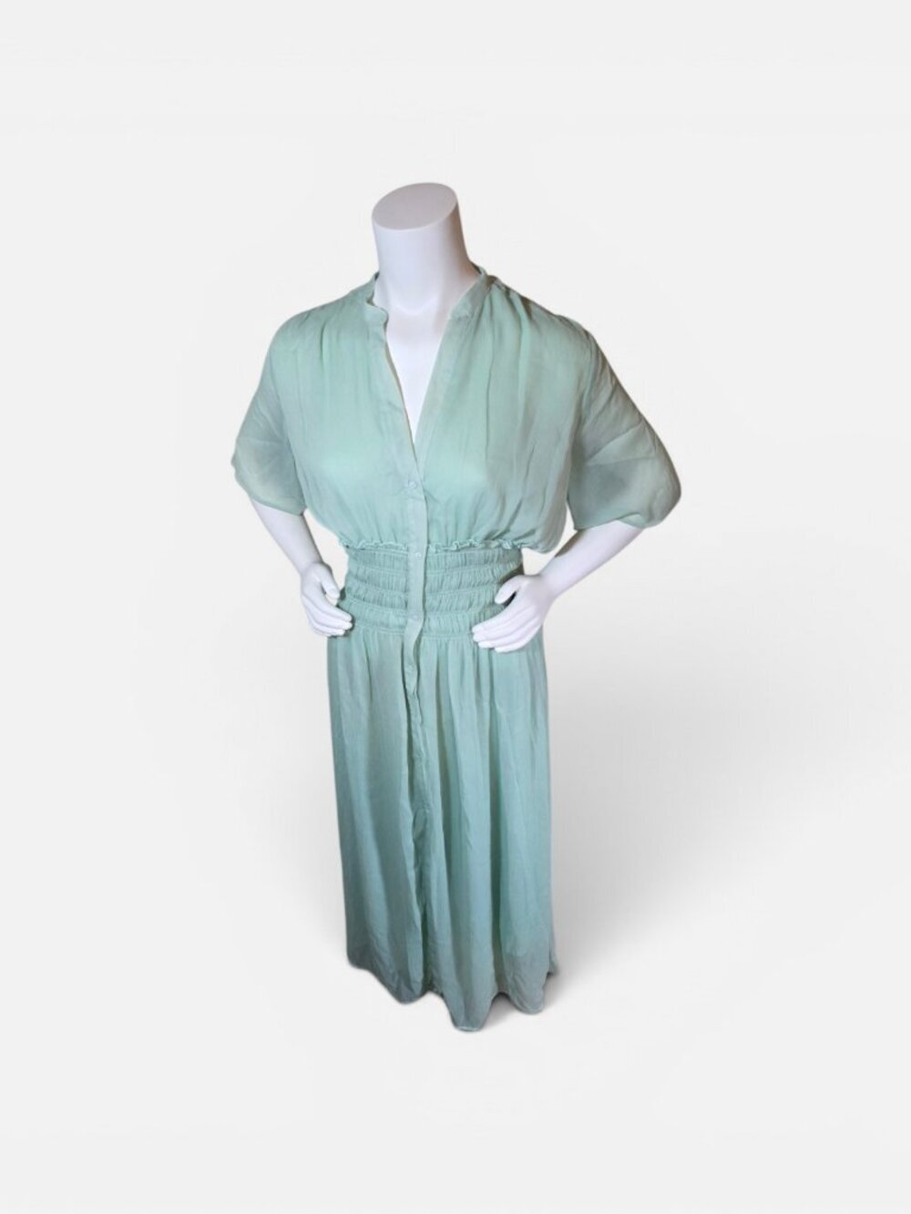 NWOT ZARA ELASTIC DETAIL MIDI DRESS - Sea green 0/0387/171/982/04 Size L - Picture 2 of 8